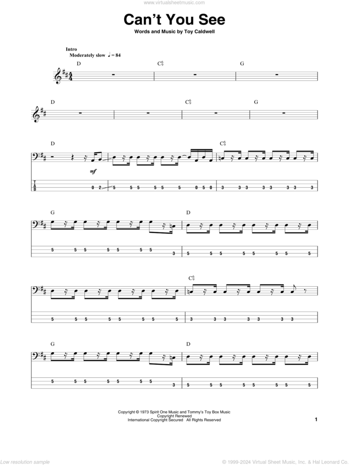 Can't You See sheet music for bass (tablature) (bass guitar) by Marshall Tucker Band and Toy Caldwell, intermediate skill level