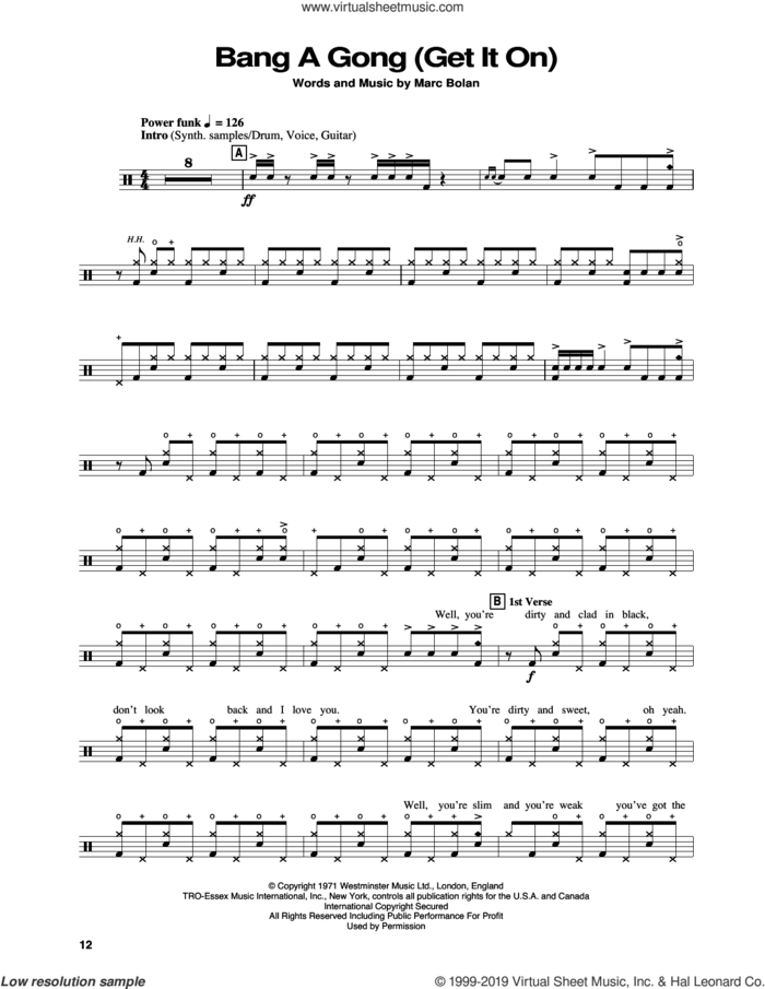 Bang A Gong (Get It On) sheet music for drums by Power Station and Marc Bolan, intermediate skill level