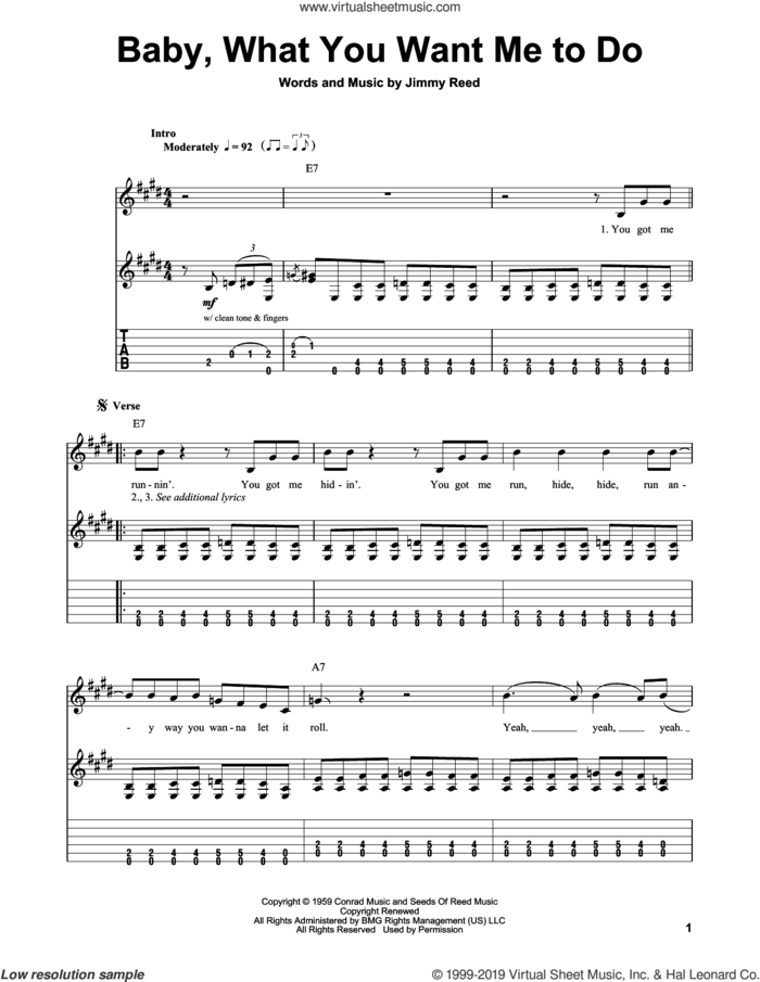 Baby, What You Want Me To Do sheet music for guitar (tablature, play-along) by Jimmy Reed, intermediate skill level