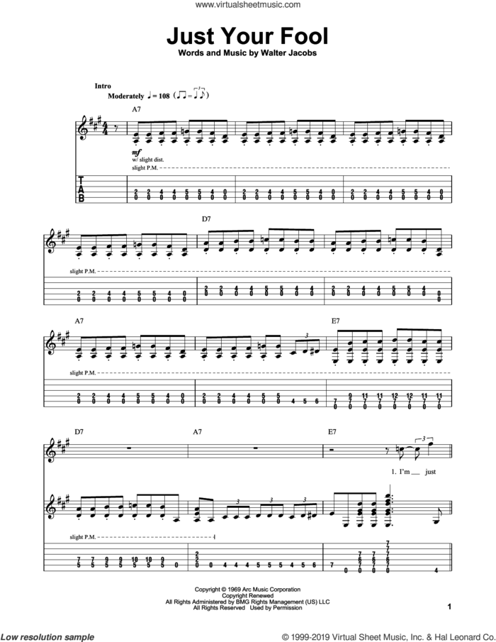 Just Your Fool sheet music for guitar (tablature, play-along) by Little Walter and Walter Jacobs, intermediate skill level