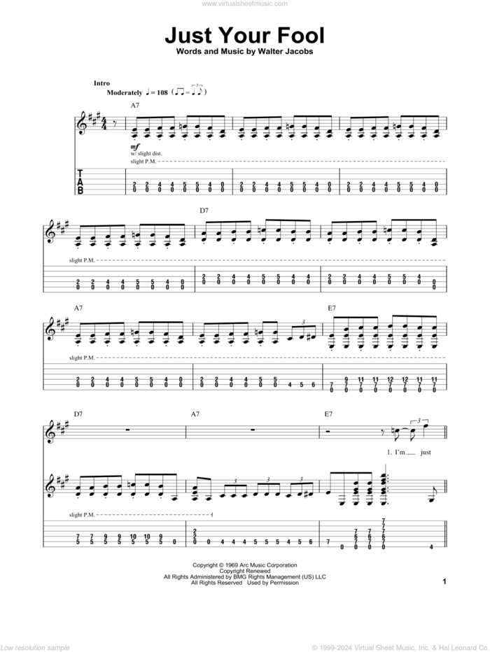 Just Your Fool sheet music for guitar (tablature, play-along) by Little Walter and Walter Jacobs, intermediate skill level