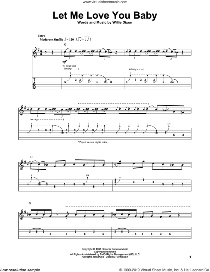 Let Me Love You Baby sheet music for guitar (tablature, play-along) by Buddy Guy and Willie Dixon, intermediate skill level