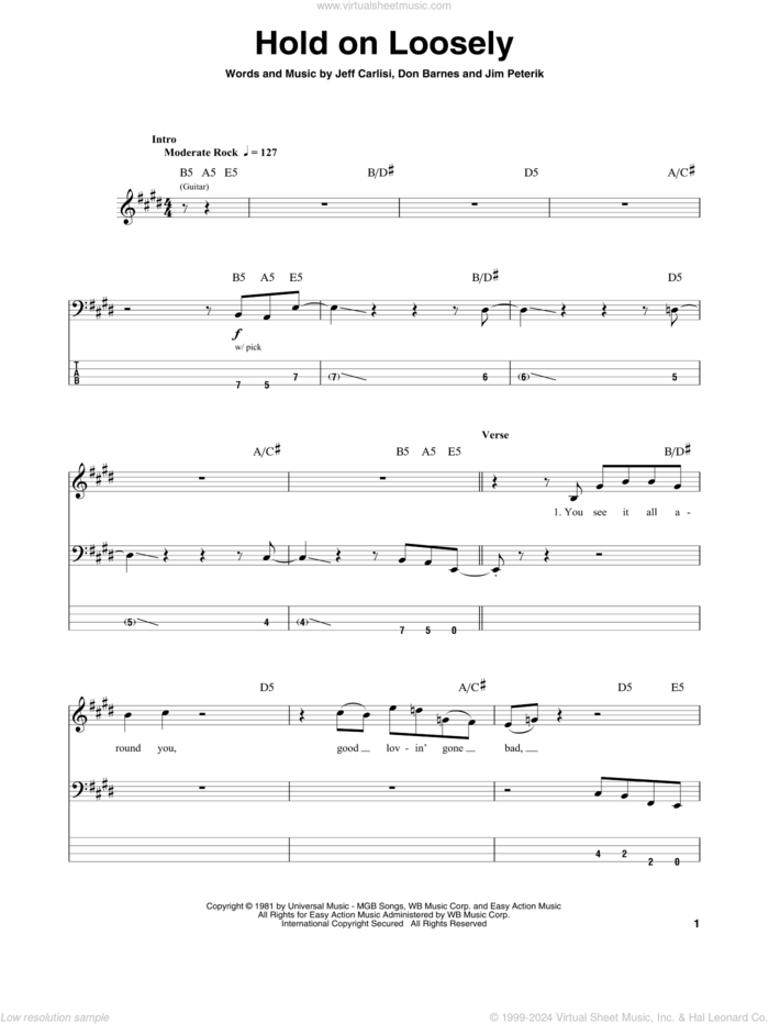 Hold On Loosely sheet music for bass (tablature) (bass guitar) by 38 Special, Don Barnes, Jeff Carlisi and Jim Peterik, intermediate skill level
