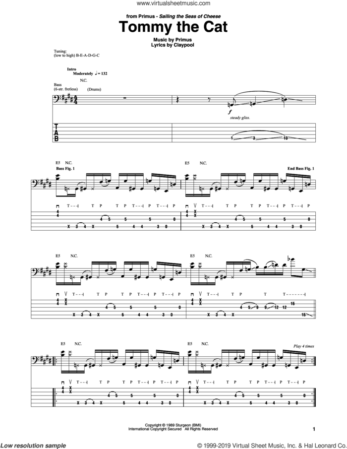 Tommy The Cat sheet music for bass (tablature) (bass guitar) by Primus and Claypool, intermediate skill level