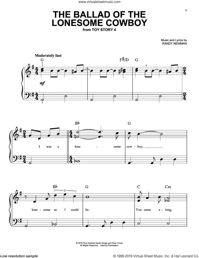 The Ballad Of The Lonesome Cowboy (from Toy Story 4) sheet music for piano solo by Chris Stapleton and Randy Newman, easy skill level