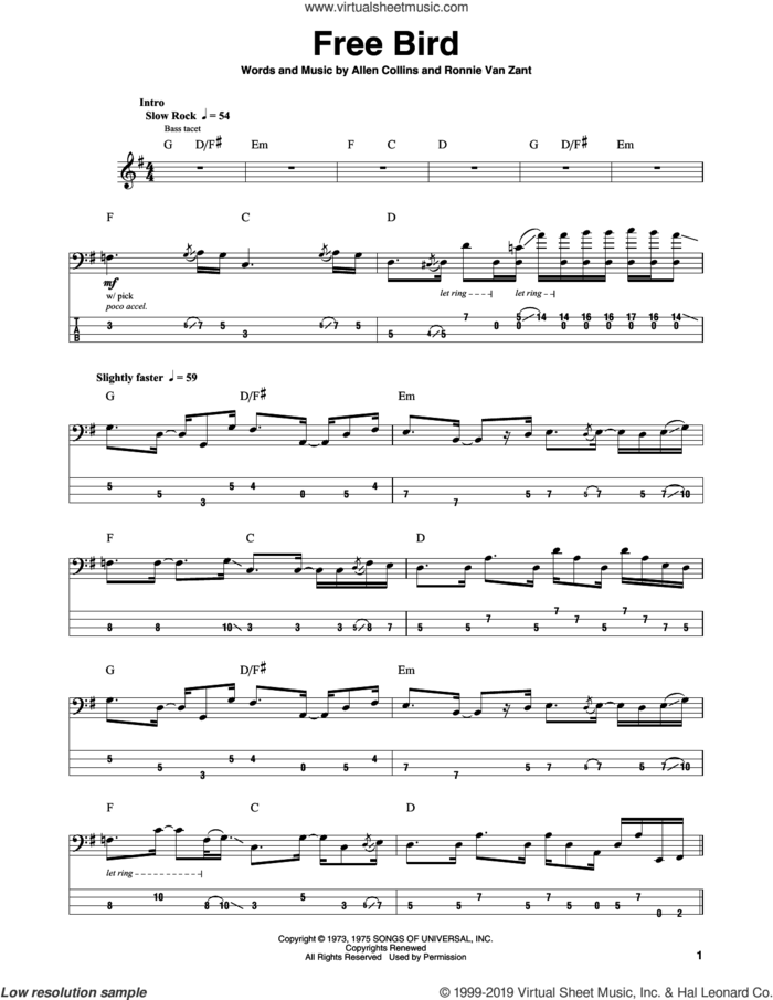 Free Bird sheet music for bass (tablature) (bass guitar) by Lynyrd Skynyrd, Allen Collins and Ronnie Van Zant, intermediate skill level