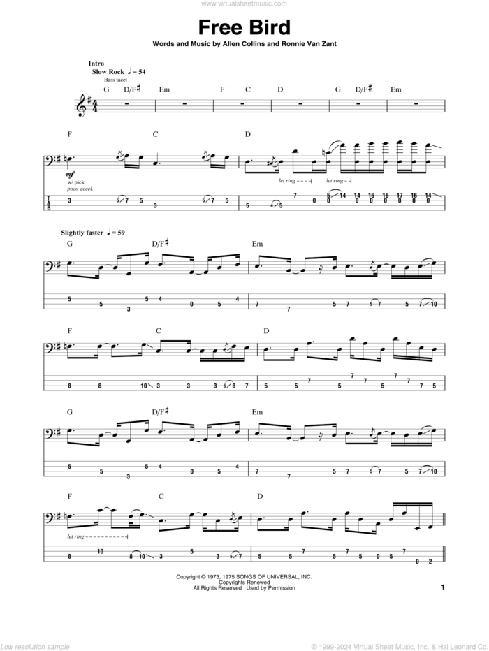 Free Bird sheet music for bass (tablature) (bass guitar) by Lynyrd Skynyrd, Allen Collins and Ronnie Van Zant, intermediate skill level