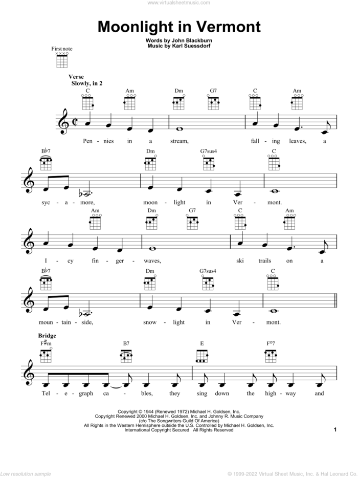 Moonlight In Vermont sheet music for ukulele by Karl Suessdorf and John Blackburn, intermediate skill level