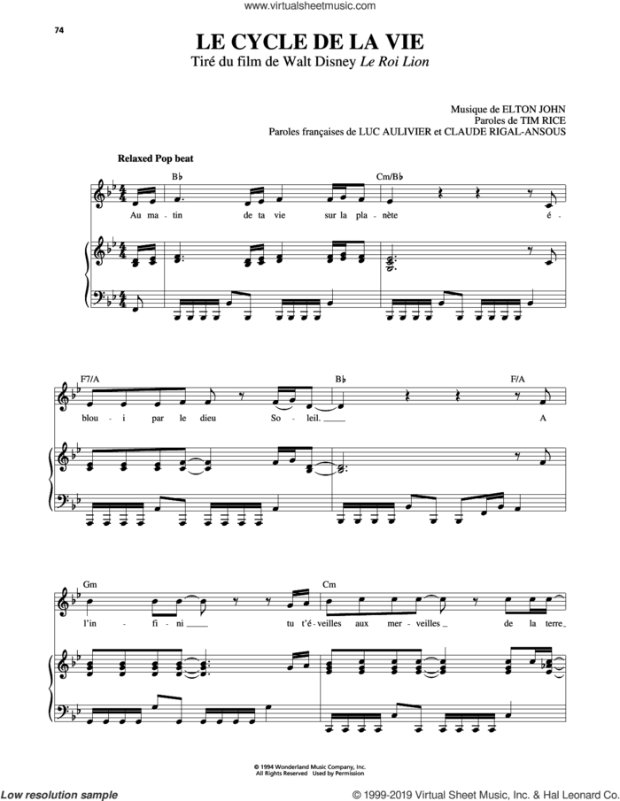 Circle Of Life (from The Lion King) [French version] sheet music for voice, piano or guitar by Elton John and Tim Rice, intermediate skill level