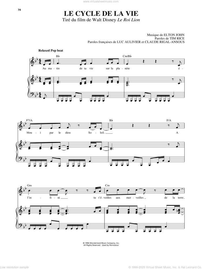 Circle Of Life (from The Lion King) [French version] sheet music for voice, piano or guitar by Elton John and Tim Rice, intermediate skill level