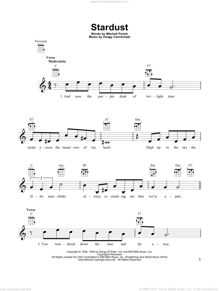 Stardust (feat. Willie Nelson) sheet music for ukulele by Hoagy Carmichael and Mitchell Parish, intermediate skill level