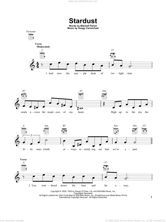 Stardust (feat. Willie Nelson) sheet music for ukulele by Hoagy Carmichael and Mitchell Parish, intermediate skill level