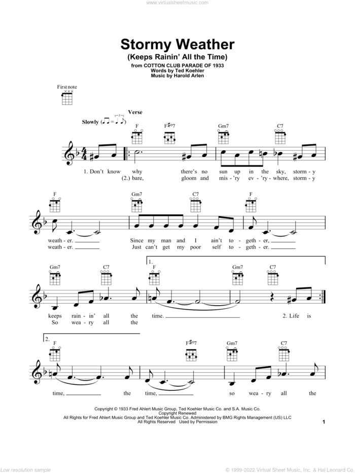 Stormy Weather (Keeps Rainin' All The Time) sheet music for ukulele by Harold Arlen and Ted Koehler, intermediate skill level