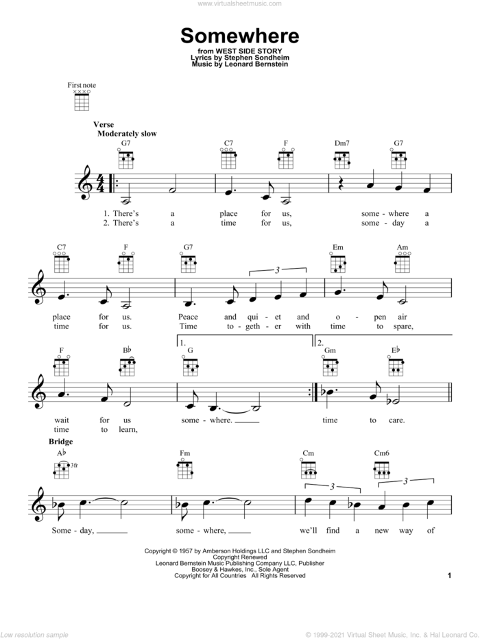 Somewhere (from West Side Story) sheet music for ukulele by Stephen Sondheim and Leonard Bernstein, intermediate skill level