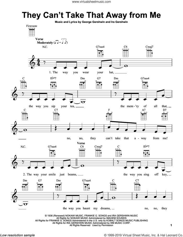 They Can't Take That Away From Me sheet music for ukulele by George Gershwin and Ira Gershwin, intermediate skill level