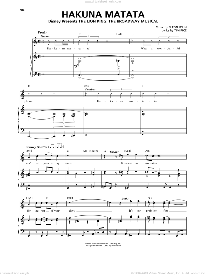 Hakuna Matata (from The Lion King: Broadway Musical) sheet music for voice, piano or guitar by Elton John and Tim Rice, intermediate skill level