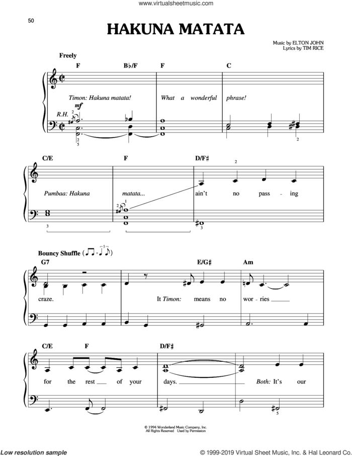 Hakuna Matata (from The Lion King: Broadway Musical) sheet music for piano solo by Elton John and Tim Rice, easy skill level