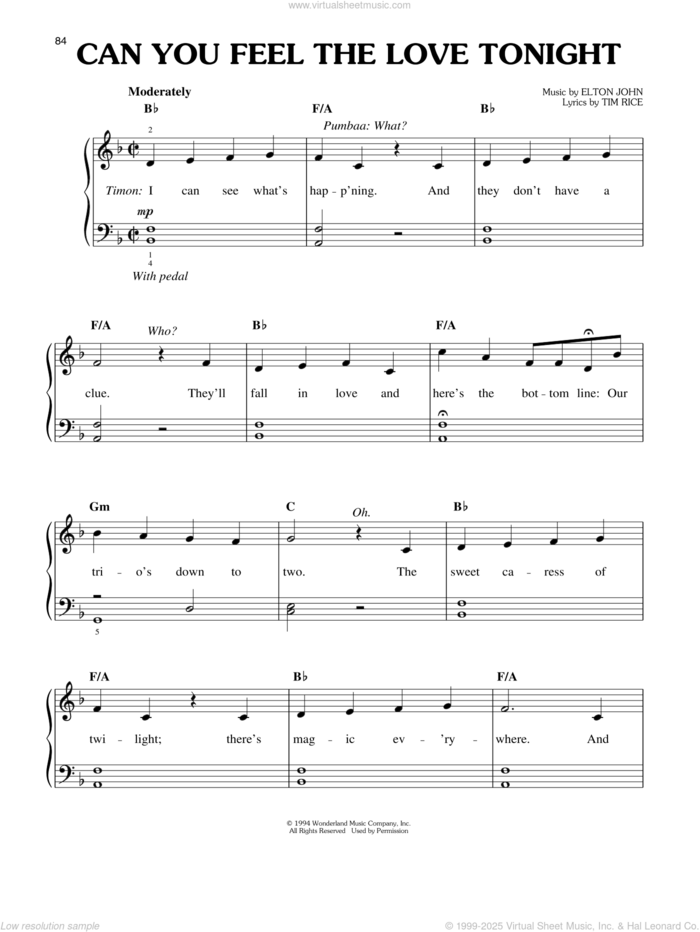 Can You Feel The Love Tonight (from The Lion King: Broadway Musical) sheet music for piano solo by Elton John and Tim Rice, wedding score, easy skill level