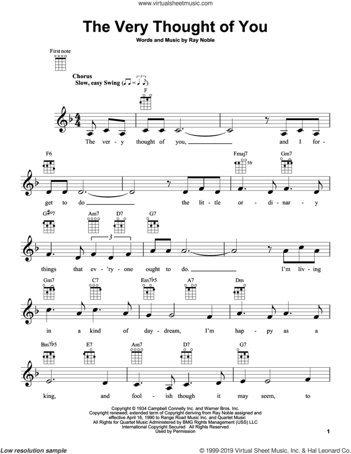 The Very Thought Of You sheet music for ukulele by Ray Noble, intermediate skill level