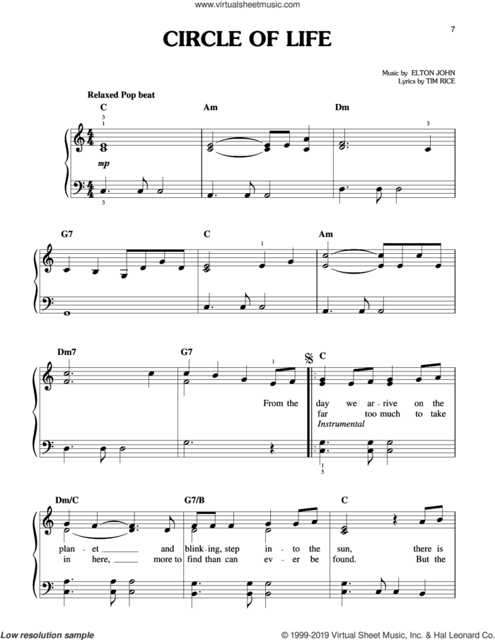 Circle Of Life (from The Lion King: Broadway Musical) sheet music for piano solo by Elton John and Tim Rice, easy skill level