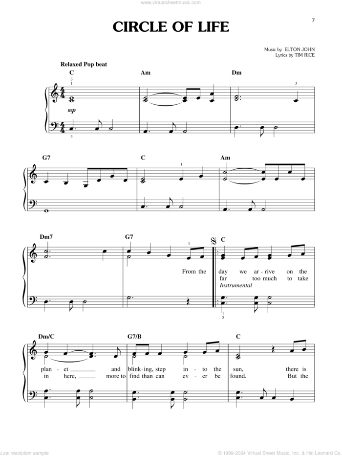 Circle Of Life (from The Lion King: Broadway Musical) sheet music for piano solo by Elton John and Tim Rice, easy skill level