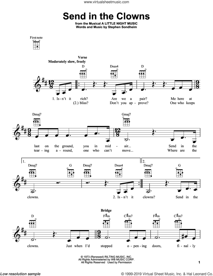 Send In The Clowns (from A Little Night Music) sheet music for ukulele by Stephen Sondheim, intermediate skill level