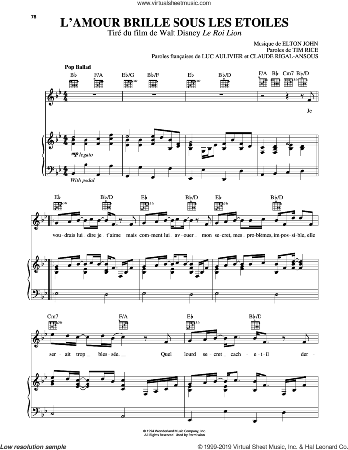 Can You Feel The Love Tonight (from The Lion King) [French version] sheet music for voice, piano or guitar by Elton John and Tim Rice, wedding score, intermediate skill level