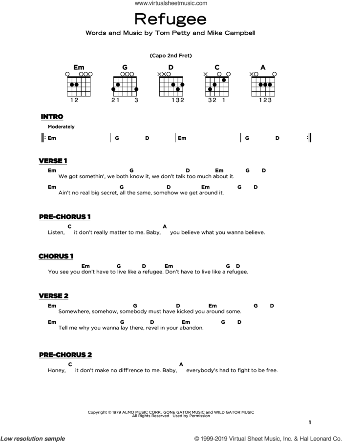 Refugee sheet music for guitar solo by Tom Petty and the Heartbreakers, Mike Campbell and Tom Petty, beginner skill level