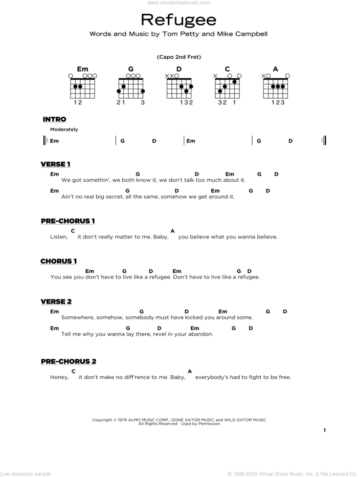 Refugee sheet music for guitar solo by Tom Petty and the Heartbreakers, Mike Campbell and Tom Petty, beginner skill level