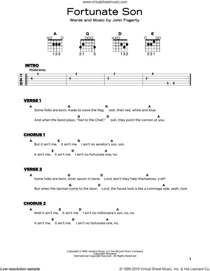Fortunate Son sheet music for guitar solo by Creedence Clearwater Revival and John Fogerty, beginner skill level