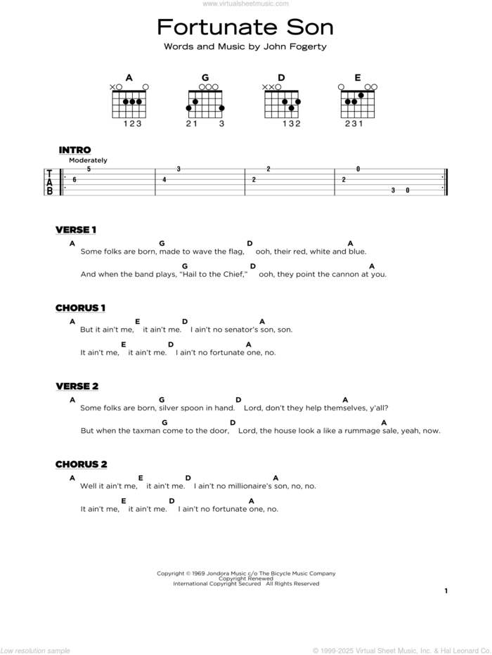 Fortunate Son sheet music for guitar solo by Creedence Clearwater Revival and John Fogerty, beginner skill level