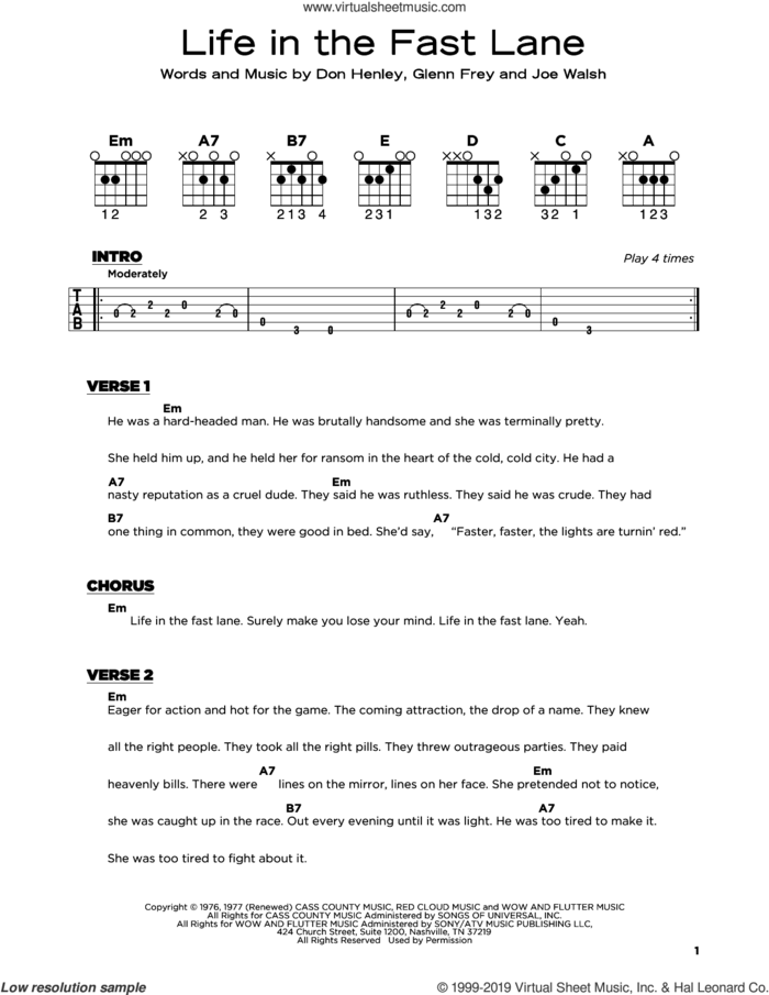 Life In The Fast Lane sheet music for guitar solo by The Eagles, Don Henley, Glenn Frey and Joe Walsh, beginner skill level