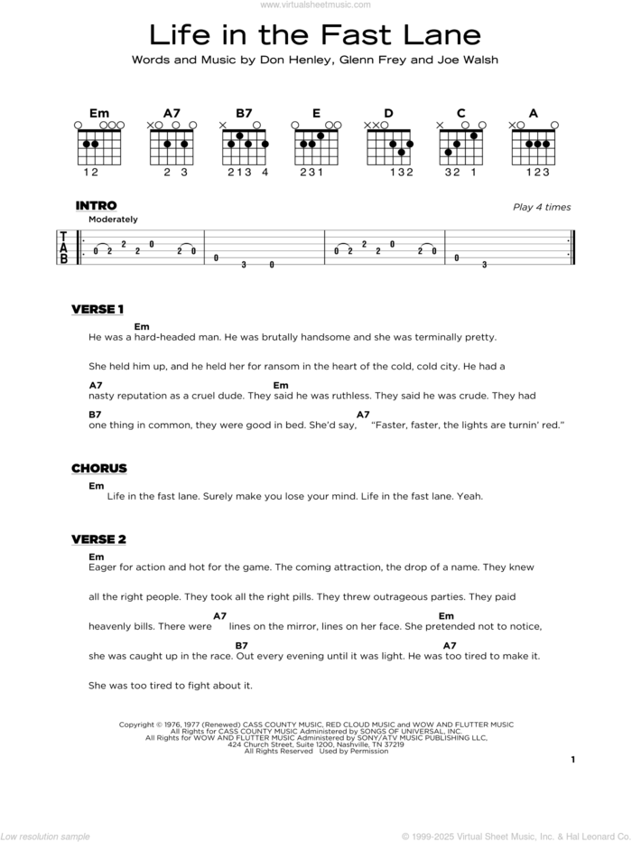 Life In The Fast Lane sheet music for guitar solo by The Eagles, Don Henley, Glenn Frey and Joe Walsh, beginner skill level