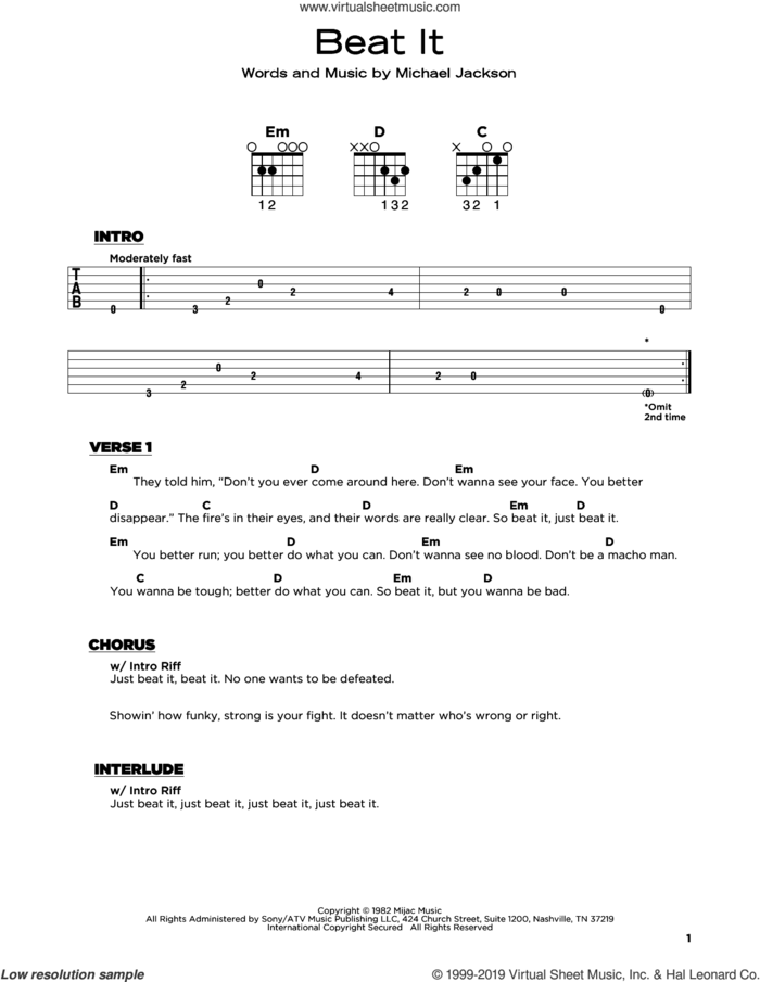 Beat It, (beginner) sheet music for guitar solo by Michael Jackson, beginner skill level