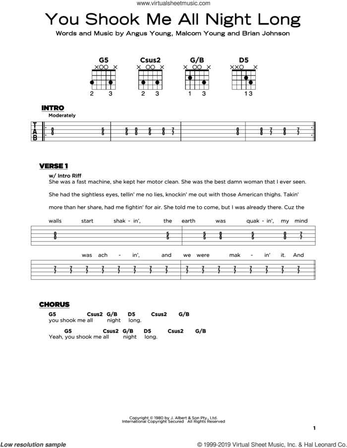 You Shook Me All Night Long sheet music for guitar solo by AC/DC, Angus Young, Brian Johnson and Malcolm Young, beginner skill level