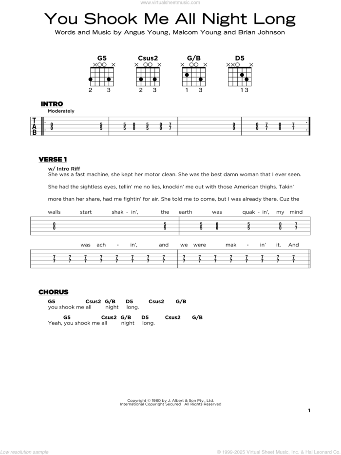 You Shook Me All Night Long sheet music for guitar solo by AC/DC, Angus Young, Brian Johnson and Malcolm Young, beginner skill level