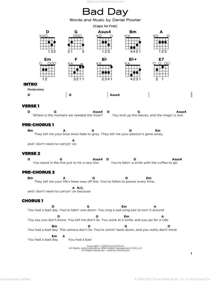 Bad Day sheet music for guitar solo by Daniel Powter, beginner skill level