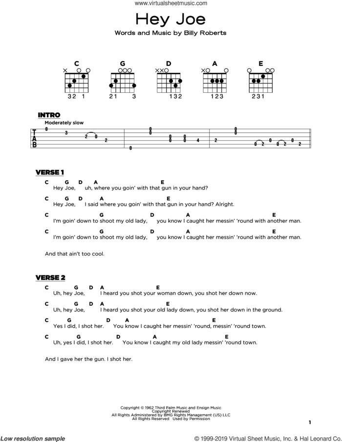 Hey Joe sheet music for guitar solo by Jimi Hendrix and Billy Roberts, beginner skill level
