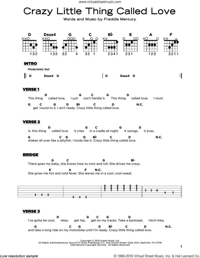 Crazy Little Thing Called Love, (beginner) sheet music for guitar solo by Queen and Freddie Mercury, beginner skill level