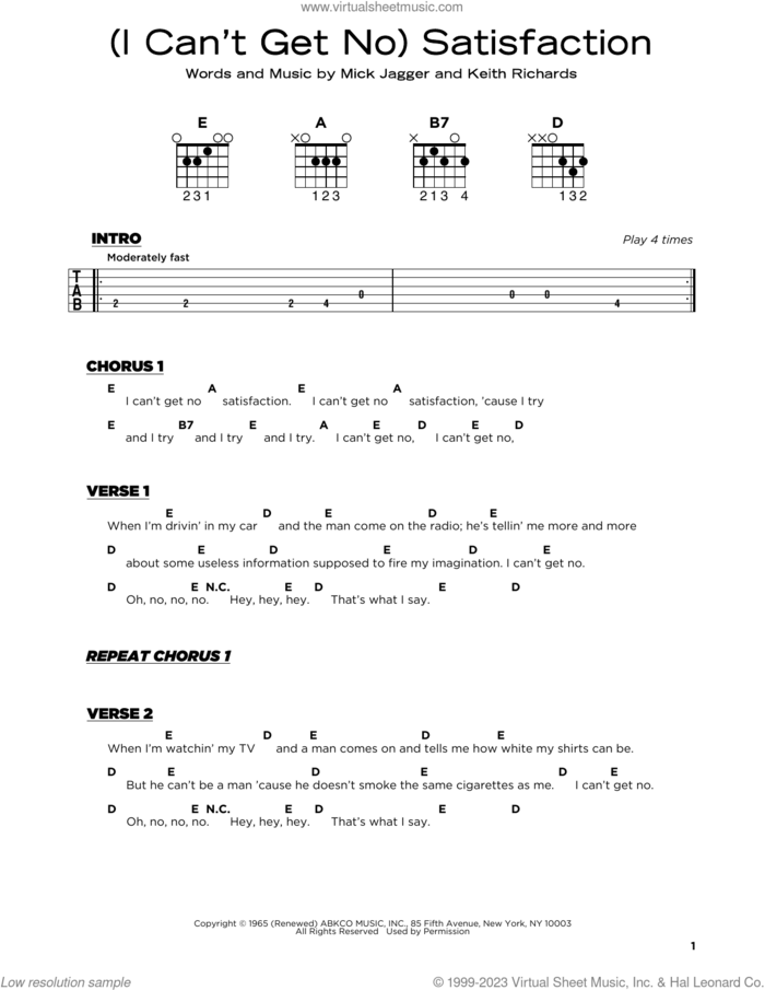 (I Can't Get No) Satisfaction sheet music for guitar solo by The Rolling Stones, Keith Richards and Mick Jagger, beginner skill level