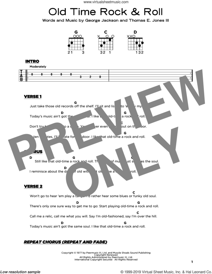 Old Time Rock and Roll sheet music for guitar solo by Bob Seger, George Jackson and Tom Jones, beginner skill level