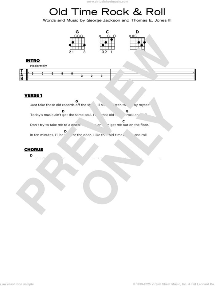 Old Time Rock and Roll sheet music for guitar solo by Bob Seger, George Jackson and Tom Jones, beginner skill level