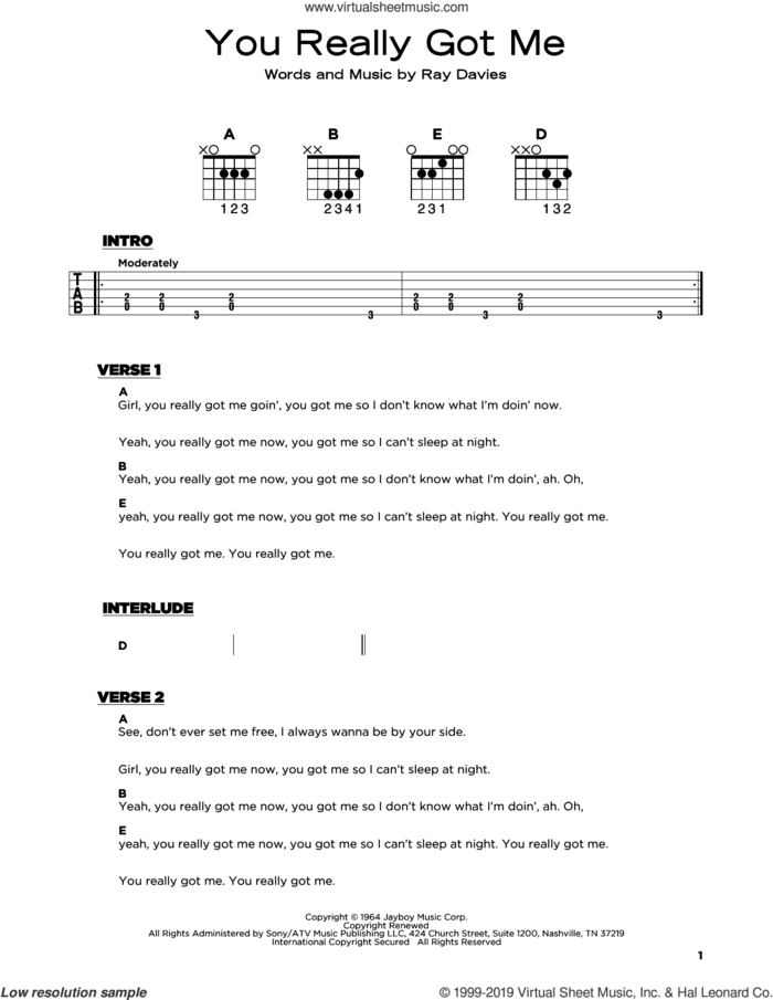 You Really Got Me sheet music for guitar solo by The Kinks, Edward Van Halen and Ray Davies, beginner skill level