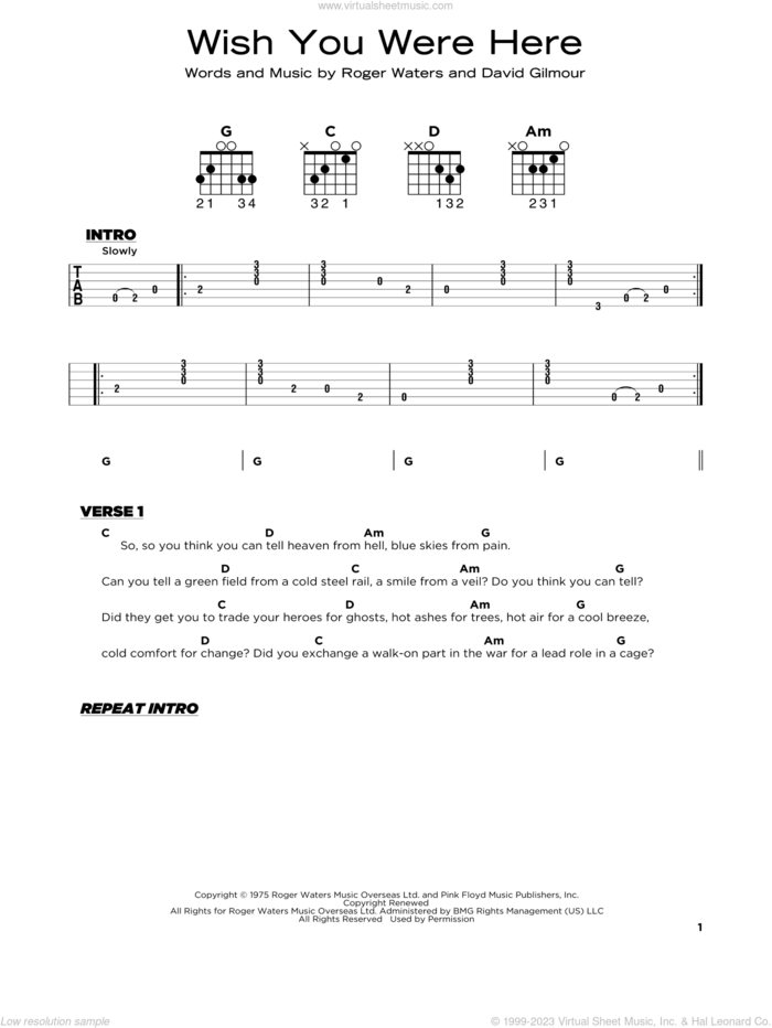 Wish You Were Here sheet music for guitar solo by Pink Floyd, David Gilmour and Roger Waters, beginner skill level