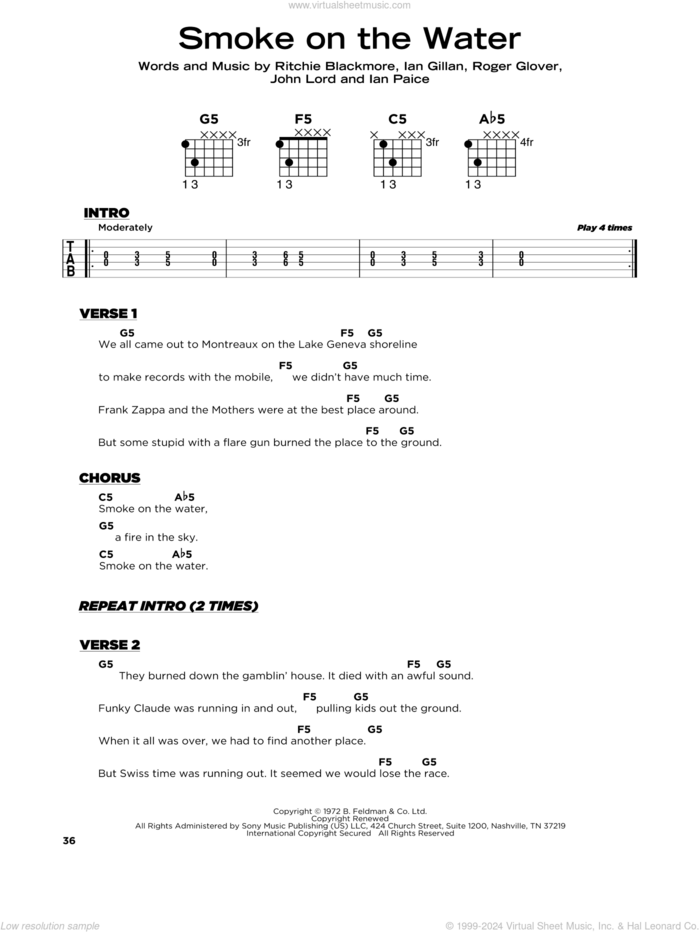 Smoke On The Water sheet music for guitar solo by Deep Purple, Ian Gillan, Ian Paice, Jon Lord, Ritchie Blackmore and Roger Glover, beginner skill level