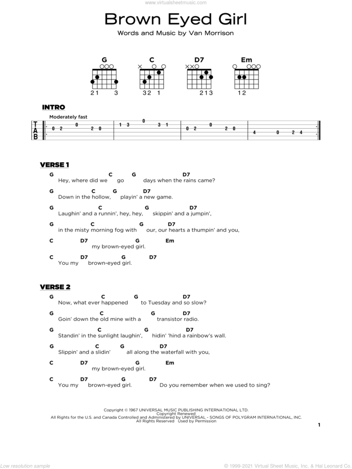 Brown Eyed Girl, (beginner) sheet music for guitar solo by Van Morrison, beginner skill level