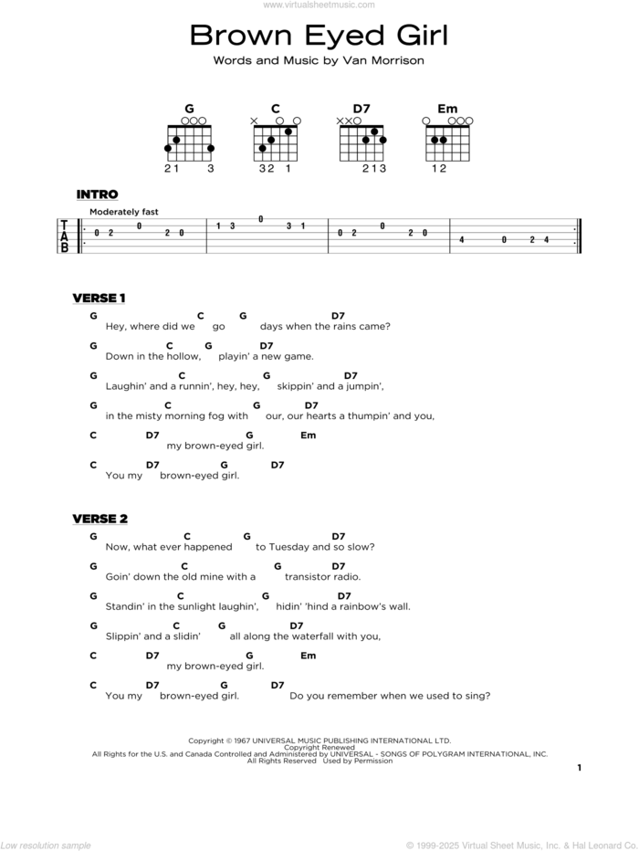 Brown Eyed Girl, (beginner) sheet music for guitar solo by Van Morrison, beginner skill level