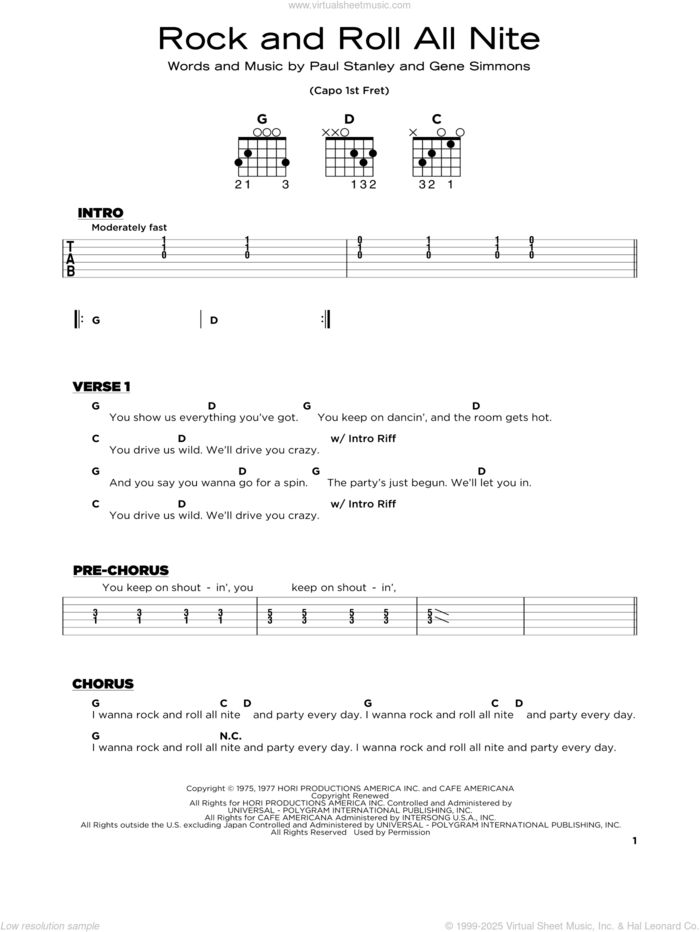 Rock And Roll All Nite sheet music for guitar solo by KISS, Gene Simmons and Paul Stanley, beginner skill level