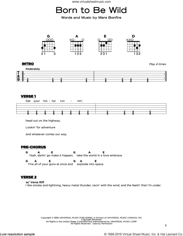 Born To Be Wild sheet music for guitar solo by Steppenwolf and Mars Bonfire, beginner skill level