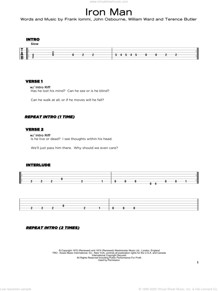 Iron Man sheet music for guitar solo by Black Sabbath, Frank Iommi, John Osbourne, Terence Butler and William Ward, beginner skill level